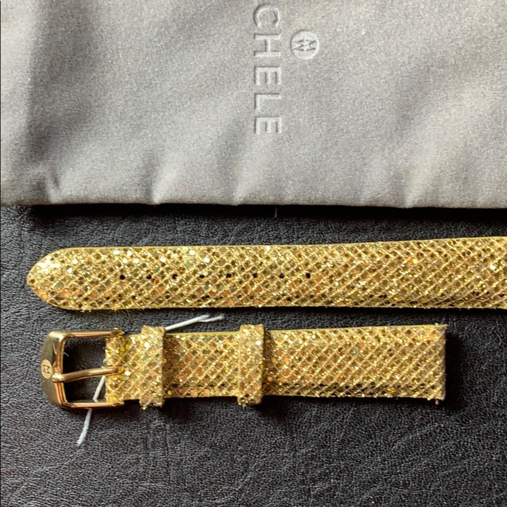 New Michele 16 Leather Gold Sparkle Watch Band